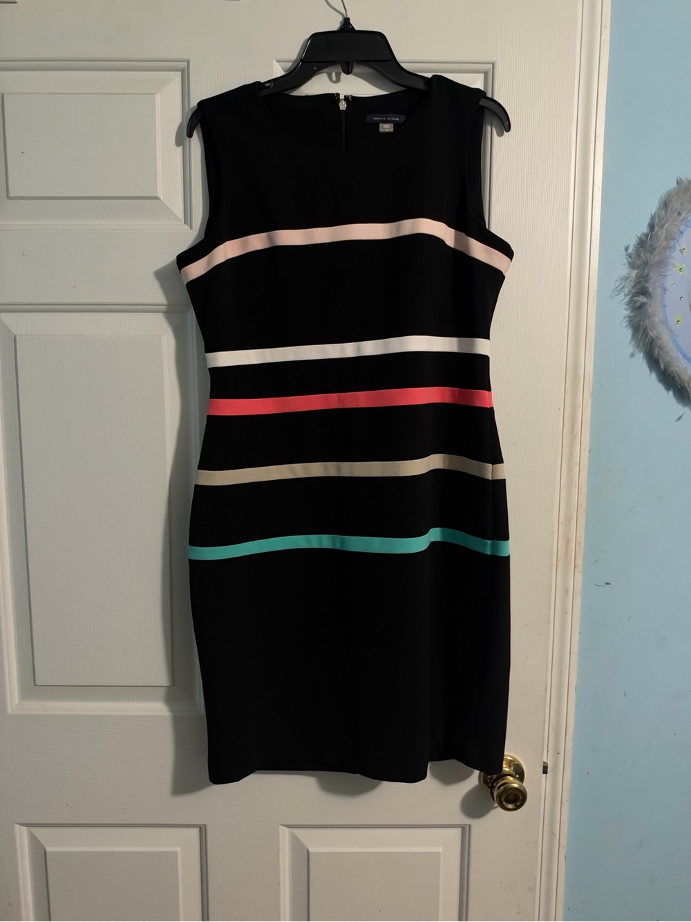 Sleeveless Black Sheath Dress with Multicolor Stripes